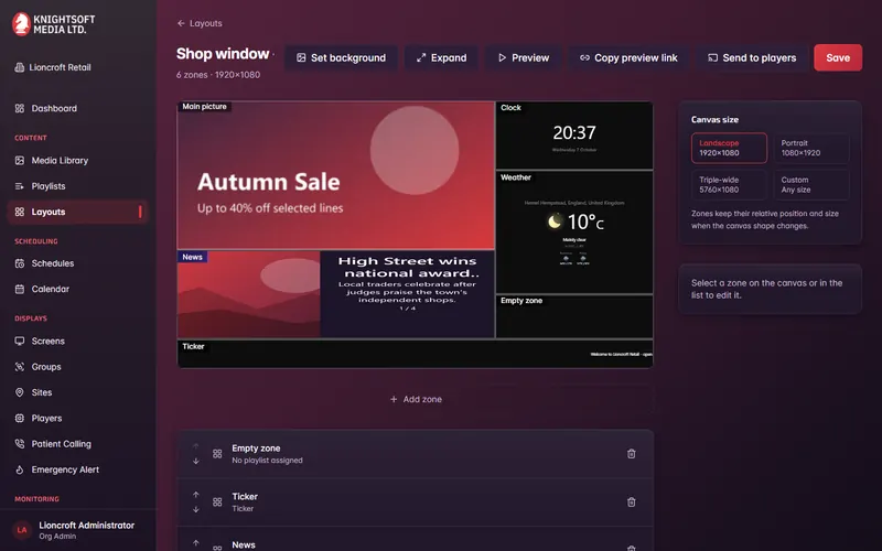 The Knightsoft CMS layout editor showing a shop-window layout with sale, clock, weather, news and ticker zones