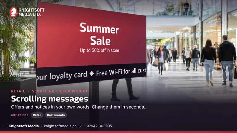 A sale advert with a scrolling ticker on a shopping centre screen