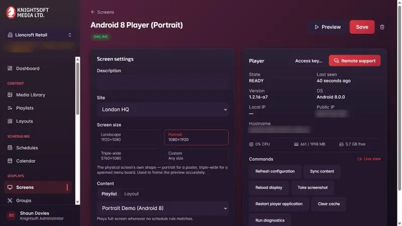 A screen's page in Knightsoft CMS showing player status, commands, live view and the remote support button