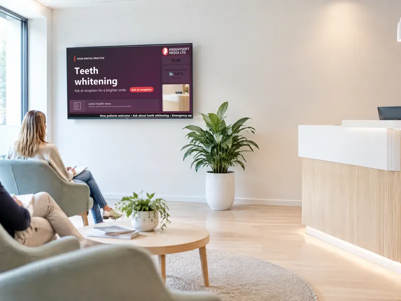 Patients waiting calmly in a dental reception with a wall screen showing the practice's own promotion, a clock and the weather