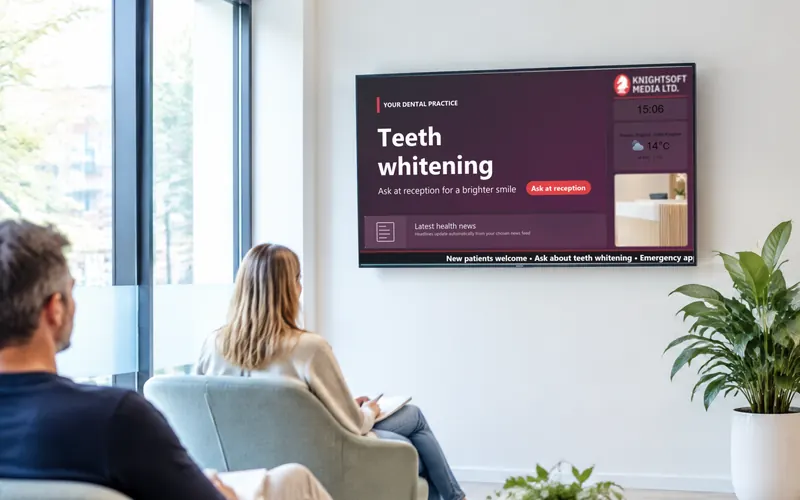 A calm dental waiting room with a wall screen showing a Knightsoft CMS layout: teeth whitening promotion, clock, weather and news