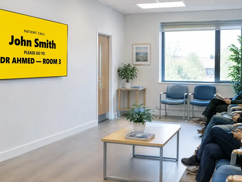 Patient calling screen in a GP waiting room asking a patient to go to a room