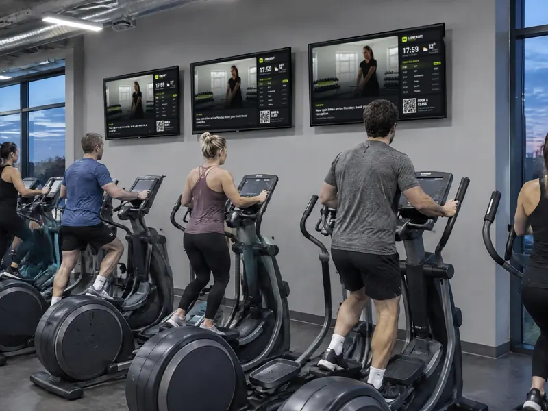 Three screens above the cross trainers in a UK gym, each showing a split-screen layout with a workout video, class timetable, clock, weather and gym news