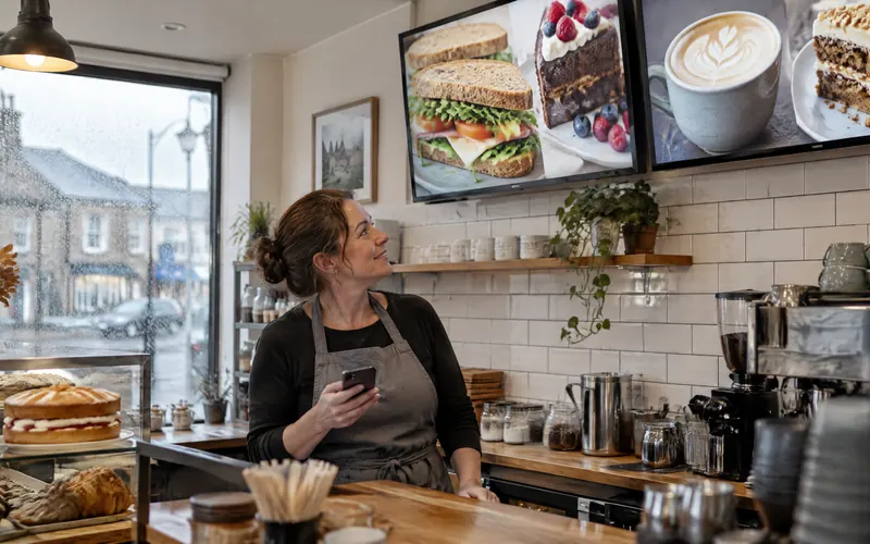 A café owner updating her menu screens from her phone
