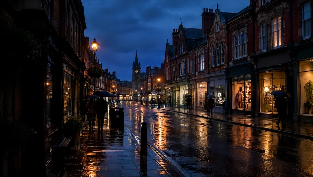 A Lancashire high street at dusk with lit shop windows