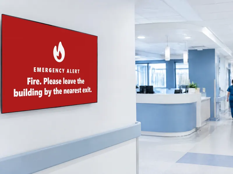 Emergency alert on a hospital corridor screen telling people to leave the building