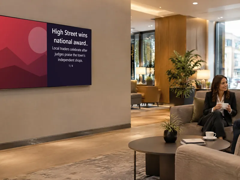 Hotel lobby screen showing news