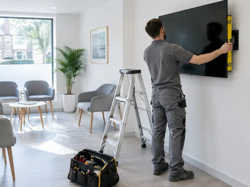 An engineer levelling a wall-mounted screen