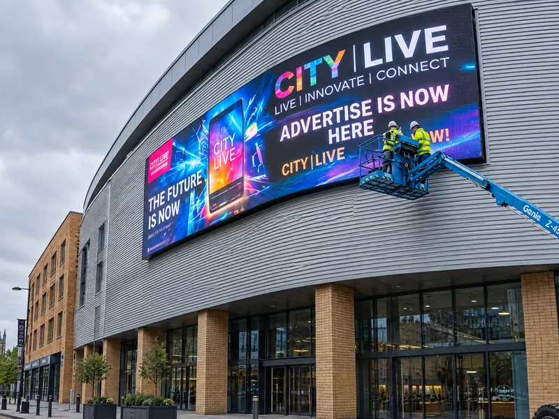 Engineers fitting a large outdoor LED screen to the front of a building