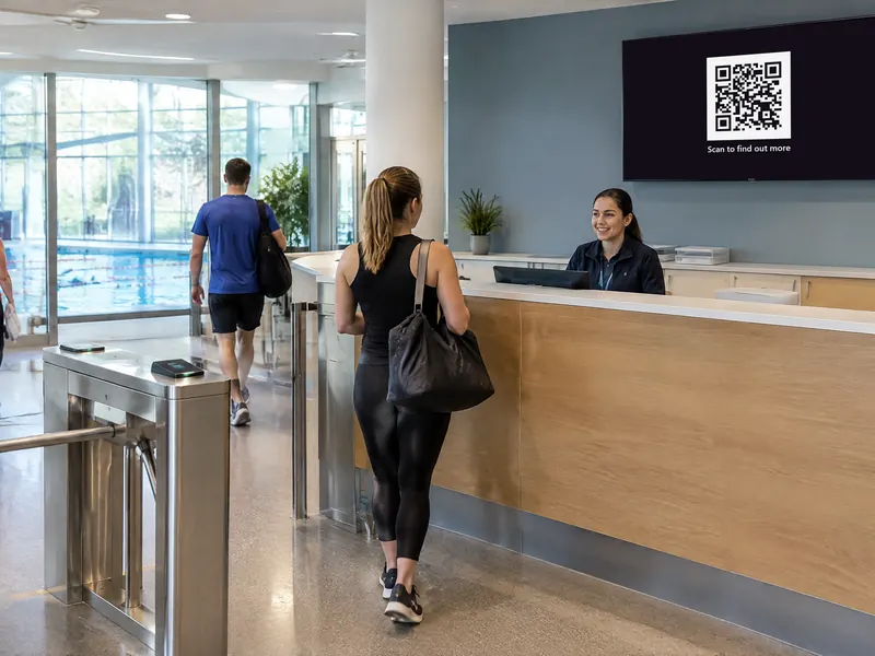 Leisure centre reception screen showing a QR code