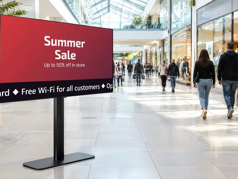 Scrolling ticker under an offer on a shopping centre screen