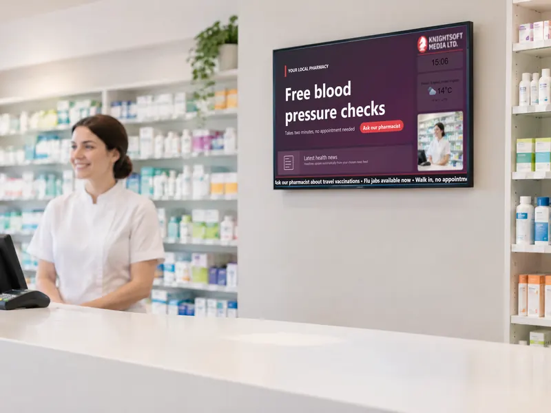 A pharmacist at the counter with a wall screen showing a Knightsoft CMS layout: free blood pressure checks, clock, weather, news and a scrolling ticker