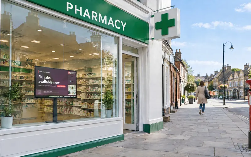 A pharmacy shop window with a landscape screen showing a Knightsoft CMS layout: flu jab promotion, clock, weather and news