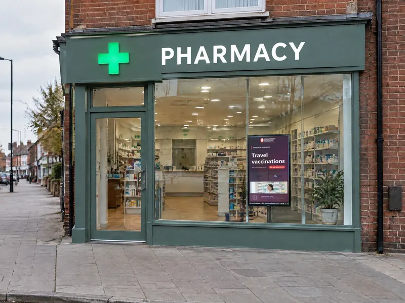A portrait window screen in a pharmacy window