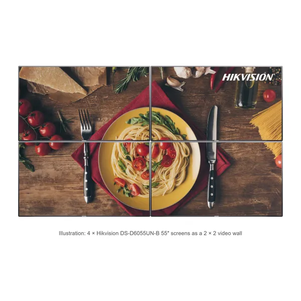 Illustration: four Hikvision DS-D6055UN-B 55" narrow-bezel screens arranged as a 2 × 2 video wall