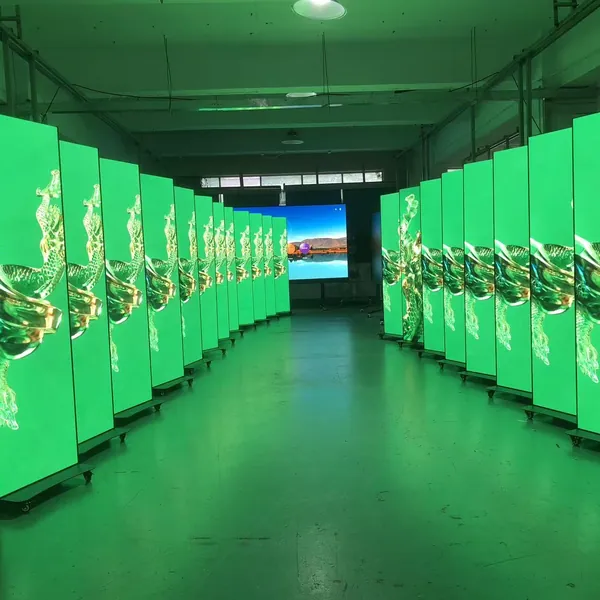 A row of free-standing LED poster screens
