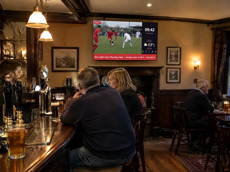 Bar screen with live TV in one zone and offers around it