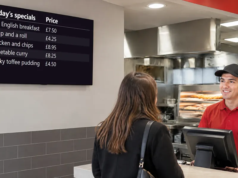 Menu board driven by a Google Sheet behind a takeaway counter
