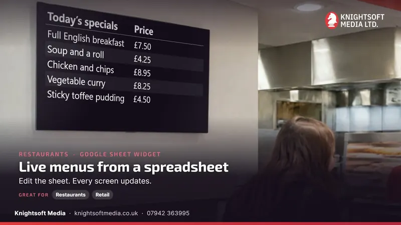 A menu board run from a Google Sheet on a café screen